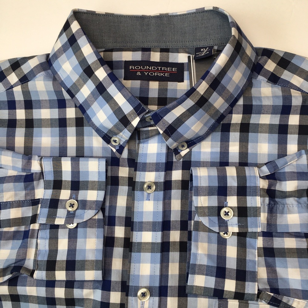Roundtree & Yorke Shirt Mens‎ XL Blue Plaid Luxury Cotton New!